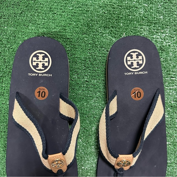 New Tory Burch Size 10 Frankie Slide Flip Flop Sandal Black White Canvas Thong - Picture 3 of 4
